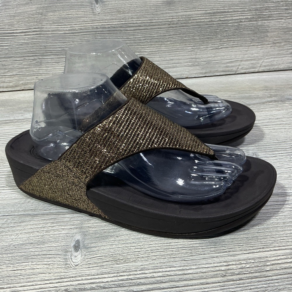 FitFlop Lulu Superglitz Sandals Womens Size 10 Gold Thong Slip On Comfort Shoe